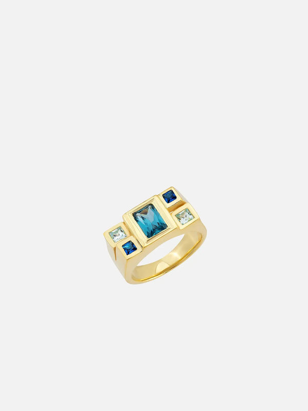 JIN Blue Ring – mavi, üstten görünüm, çok taşlı tasarım