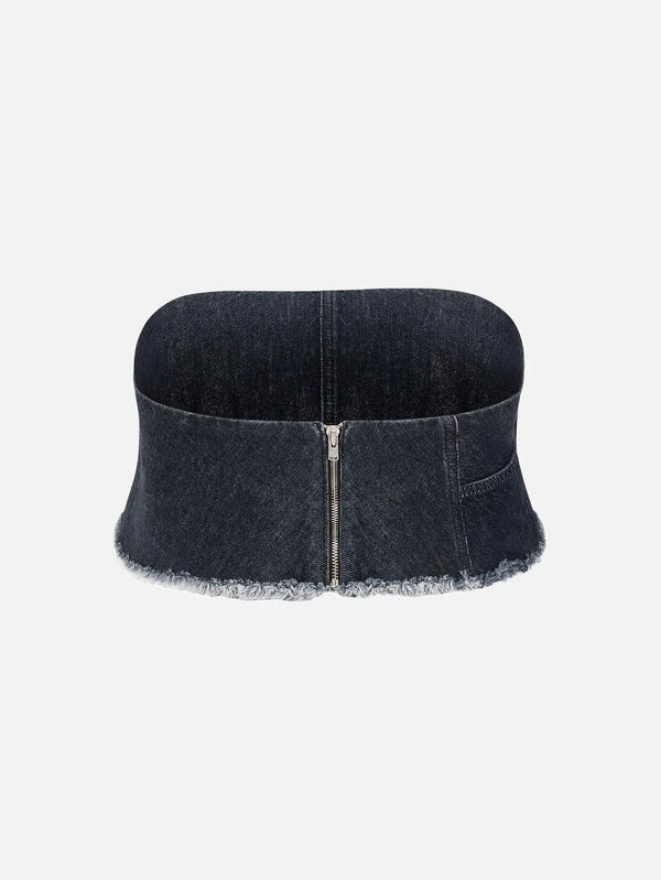 EX DE RUE Black Denim Crop – siyah, önden görünüm, fermuarlı ön detay