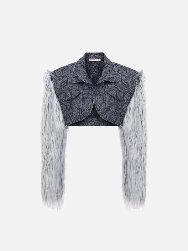 Blue Furry Denim Jacket - Dark Blue Patterned