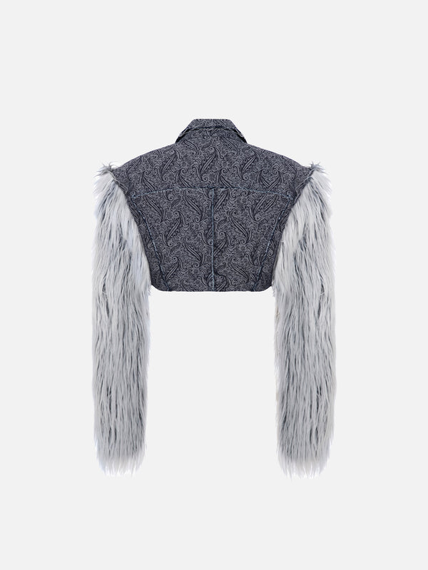 Blue Furry Denim Jacket - Dark Blue Patterned