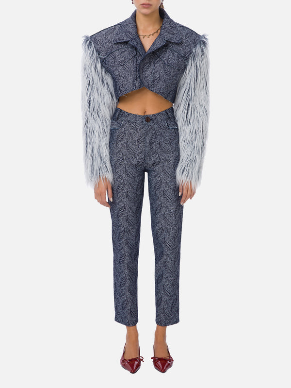 Blue Furry Denim Jacket - Dark Blue Patterned