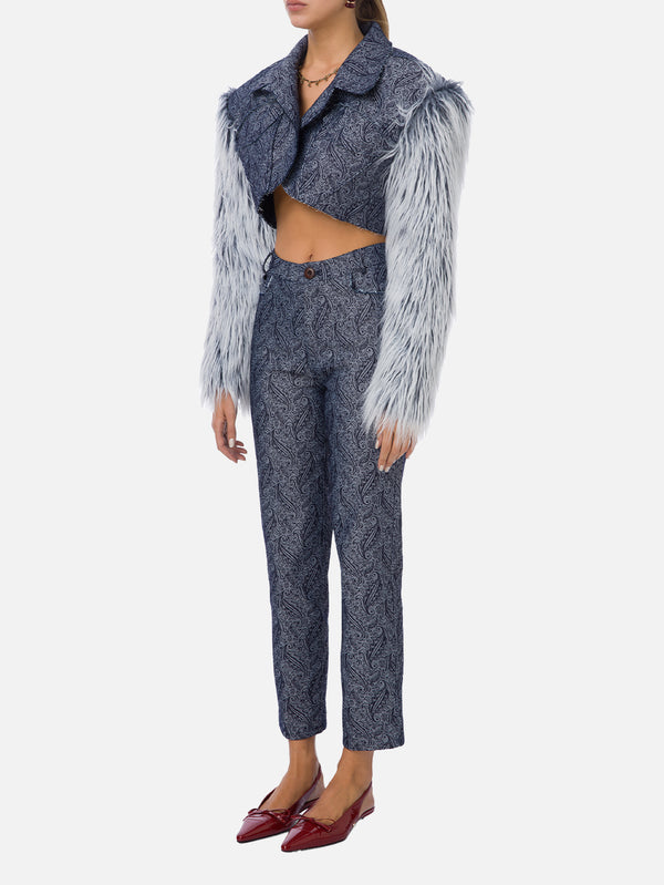 Blue Furry Denim Jacket - Dark Blue Patterned