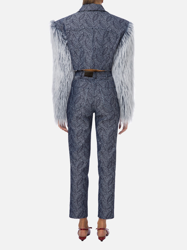 Blue Furry Denim Jacket - Dark Blue Patterned