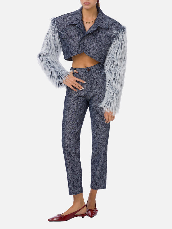 Blue Furry Denim Jacket - Dark Blue Patterned