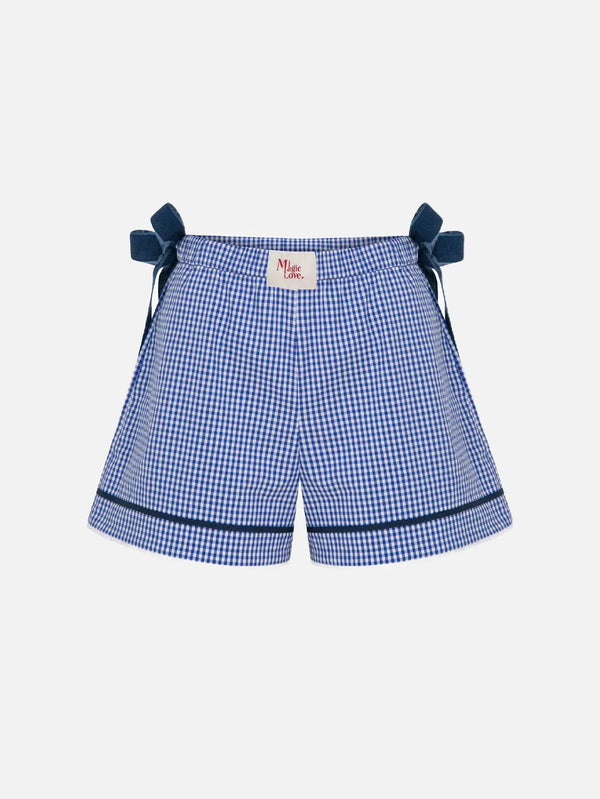 MI MAGIC LOVE Ciela Shorts - Blue Gingham – ön görünüm, bel bağları detayları