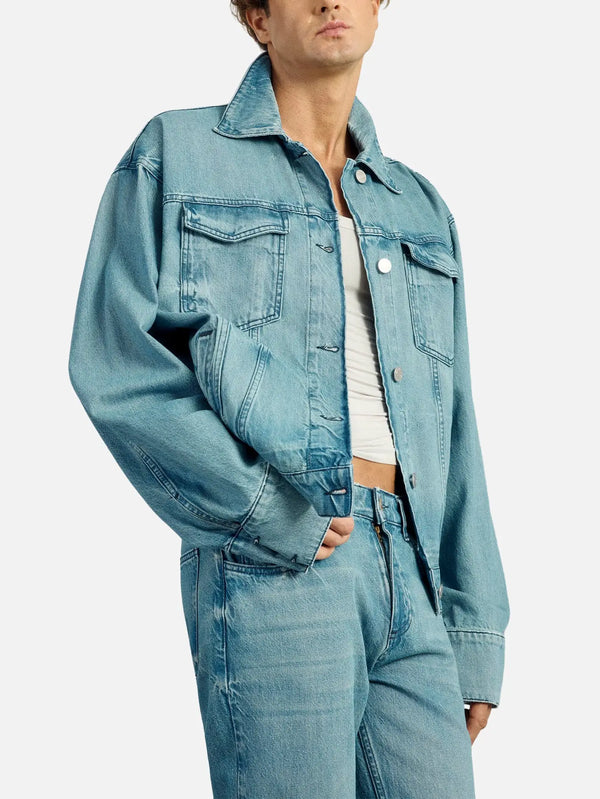 EX DE RUE Classic Tinted Jacket I – mavi denim, önden görünüm, model üzerinde