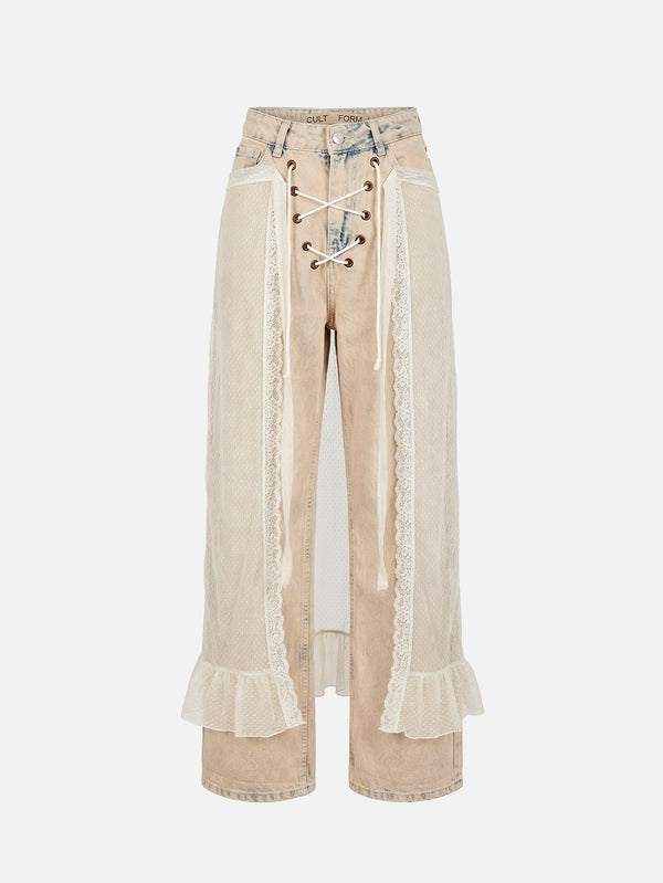 CULT FORM, Lace Denim Pant - Beige, PANTOLON, shopi go'da!