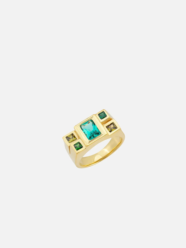 JIN Green Ring – yeşil taşlı, altın renkli yüzük, önden görünüm