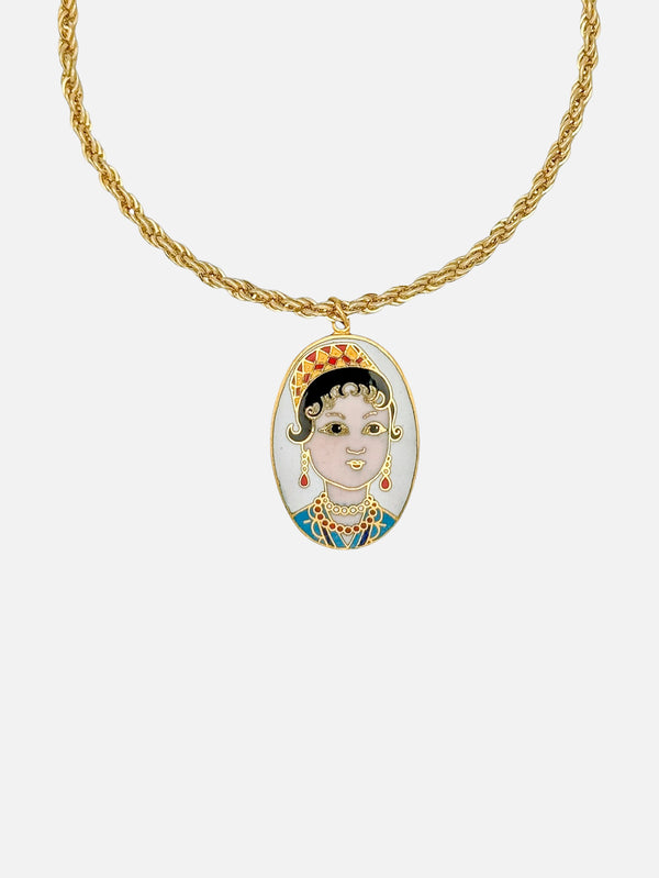 NES VINTAGE, Vintage Gold Plated Rope Chain Necklace with Geisha Cloisonne Pendant (White), KOLYE, shopi go'da!