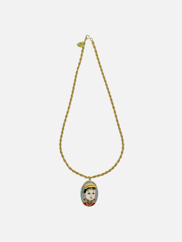 NES VINTAGE, Vintage Gold Plated Rope Chain Necklace with Geisha Cloisonne Pendant (Grey), KOLYE, shopi go'da!