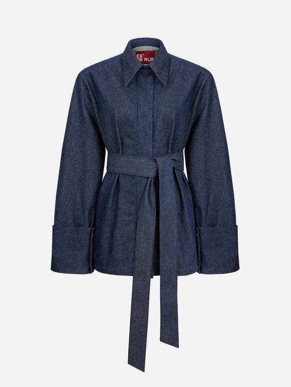 EX DE RUE Haze Denim Kimono Shirt II W – denim, önden görünüm, belde kuşak