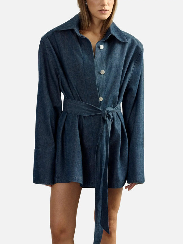 EX DE RUE Haze Denim Kimono Shirt II W – lacivert, ön görünüm, kuşaklı bel