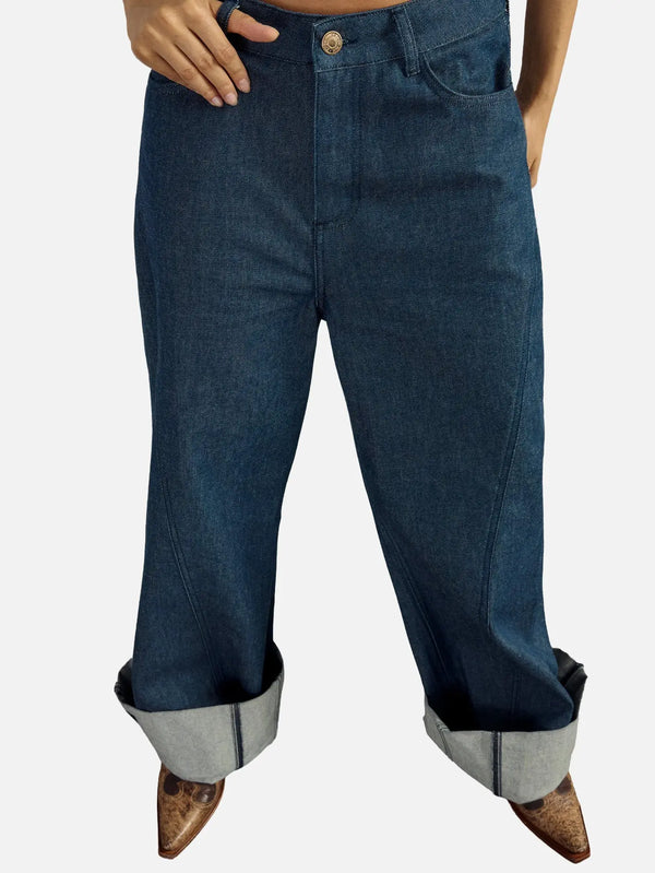 EX DE RUE Haze Kimono Blue Denim Jean II W – Blue Denim, ön görünüm, paçalar kıvrılmış