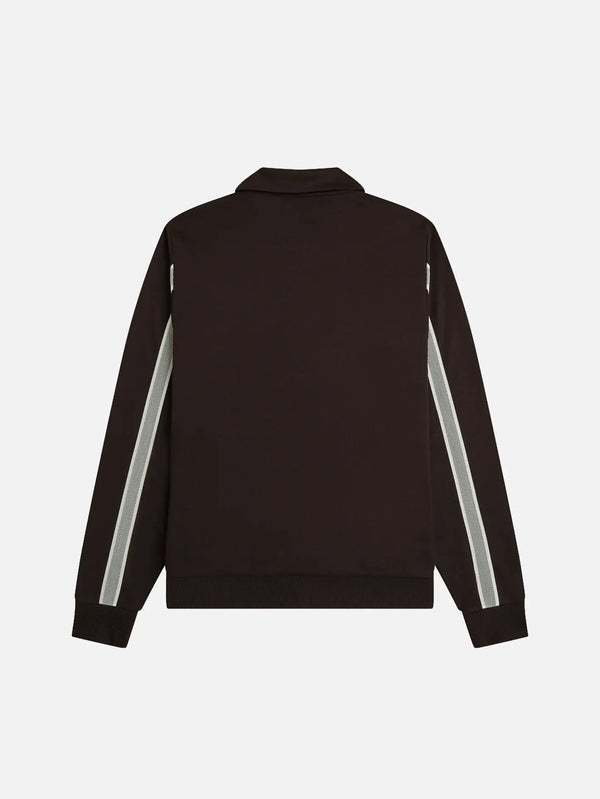 FRED PERRY Tennis Net Tape Track Jacket – Rich Brown, arka görünüm, kollarında gri şeritler