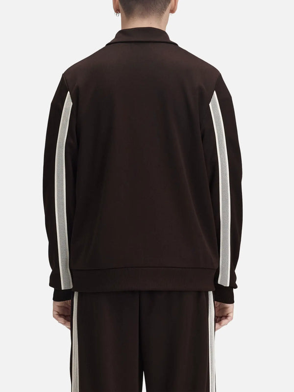 FRED PERRY Tennis Net Tape Track Jacket – Rich Brown, arka görünüm, kollarda beyaz file şeritler