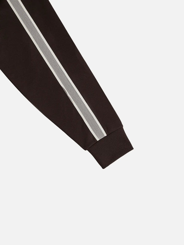 FRED PERRY Tennis Net Tape Track Jacket – Rich Brown, kol üzerinde beyaz ağ şeridi