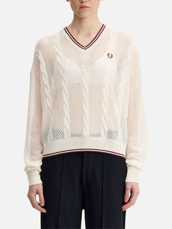 FRED PERRY, Mesh Cable Knit Jumper - Ecru, KAZAK, shopi go'da!