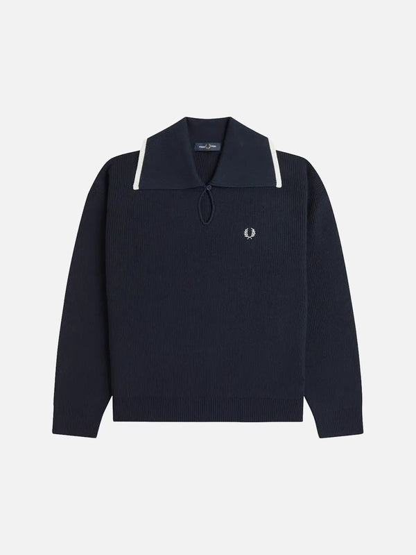 shopi go Wide Collar Knitted Shirt - Navy – önden görünüm, Fred Perry logosu