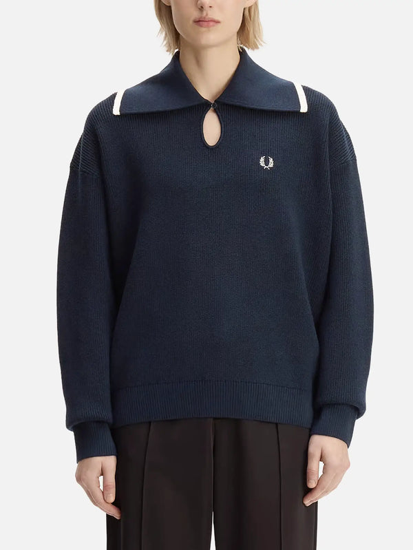 FRED PERRY Wide Collar Knitted Shirt – Navy, önden görünüm