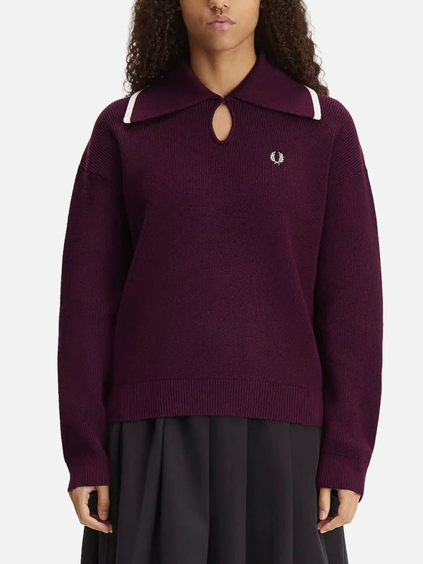 FRED PERRY Wide Collar Knitted Shirt – Plum, ön görünüm