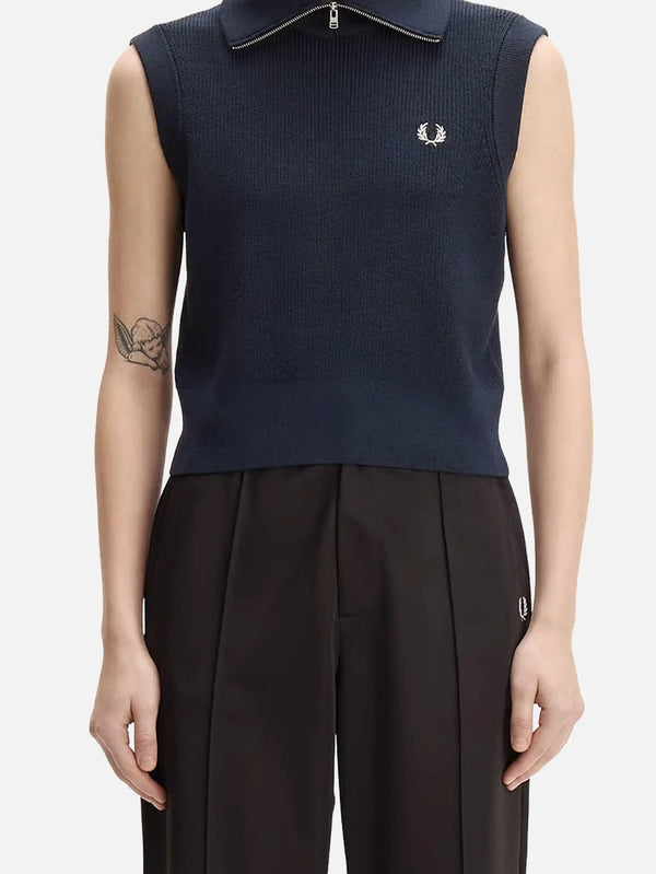 shopi go Zip Neck Knitted Tank - Navy – Navy, önden görünüm, göğüste beyaz laurel logosu