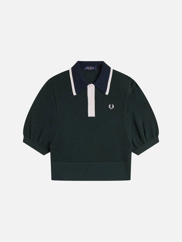 FRED PERRY CLR Block Pointelle Knitted Shirt – Night Green, önden görünüm
