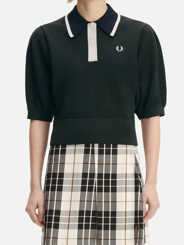 FRED PERRY CLR Block Pointelle Knitted Shirt – Night Green, önden görünüm