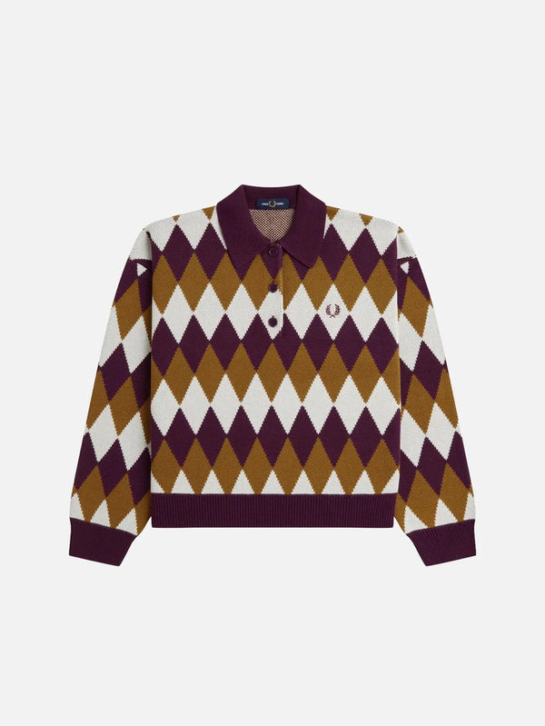 FRED PERRY Diamond Jacquard Knitted Shirt - Plum/White/Brown – plum/white/brown, önden görünüm