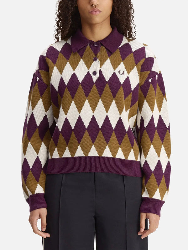 Fred Perry Diamond Jacquard Knitted Shirt – Plum/White/Brown, ön görünüm
