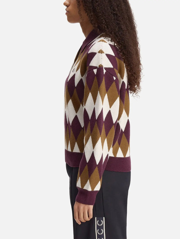 FRED PERRY Diamond Jacquard Knitted Shirt – Plum/White/Brown, yandan görünüm