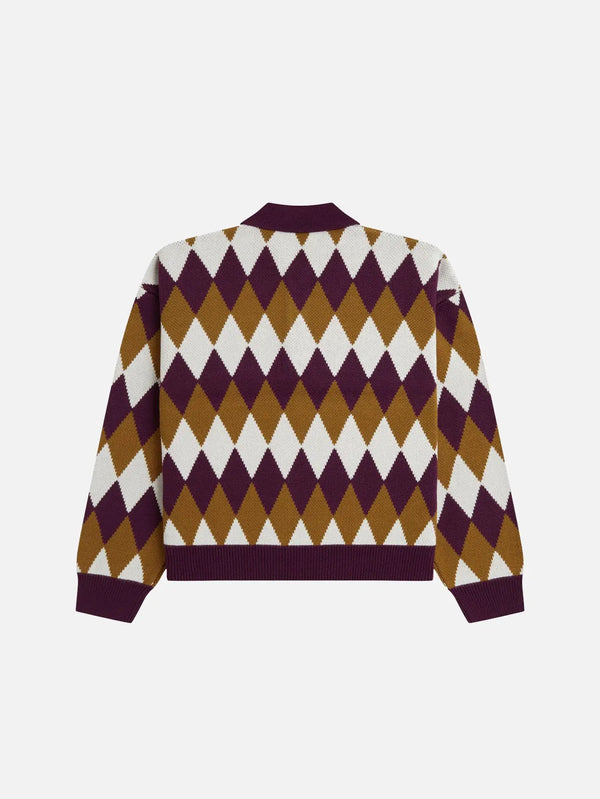 FRED PERRY Diamond Jacquard Knitted Shirt – plum/white/brown, arka görünüm