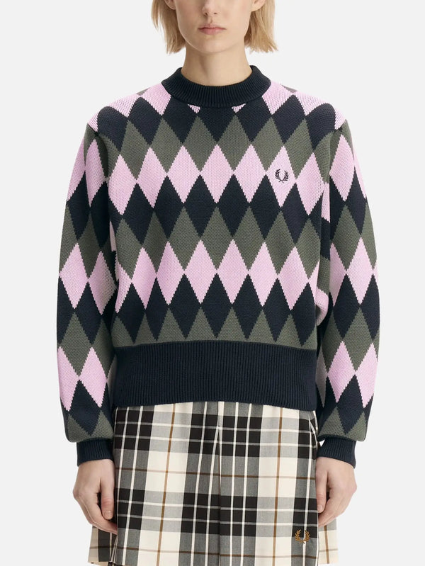 FRED PERRY Diamond Jacquard Jumper – Nav/Pink/Green, önden görünüm