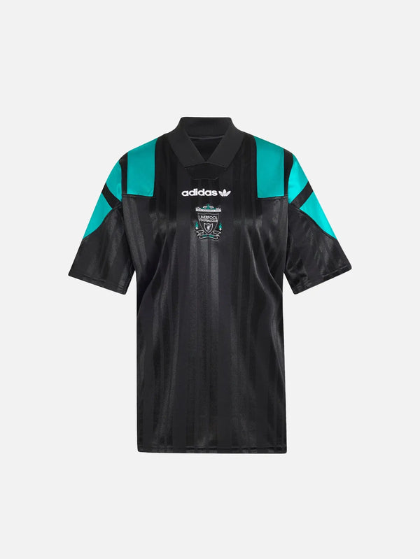 ADIDAS ORIGINALS Liverpool EQT Jersey – siyah, ön görünüm, turkuaz omuz detayları