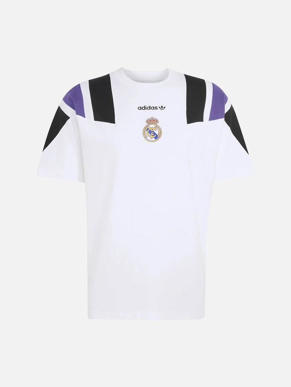 ADIDAS ORIGINALS Real Madrid EQT Tee - White – beyaz, önden görünüm; göğüs logosu ve mor-siyah omuz blokları