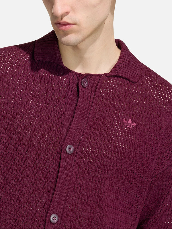 ADIDAS ORIGINALS Crochet Jersey – maroon, önden görünüm, delikli örgü doku ve düğmeli