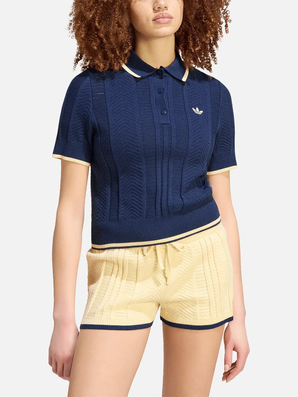 ADIDAS ORIGINALS Cable Knit Cali Polo Tee – Night Indigo, önden görünüm