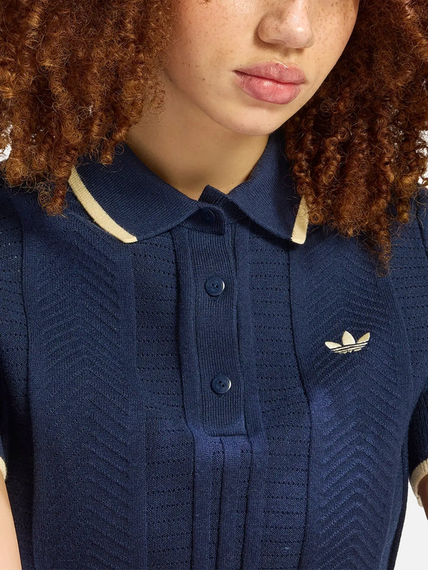 ADIDAS ORIGINALS Cable Knit Cali Polo Tee – Night Indigo, ön görünüm