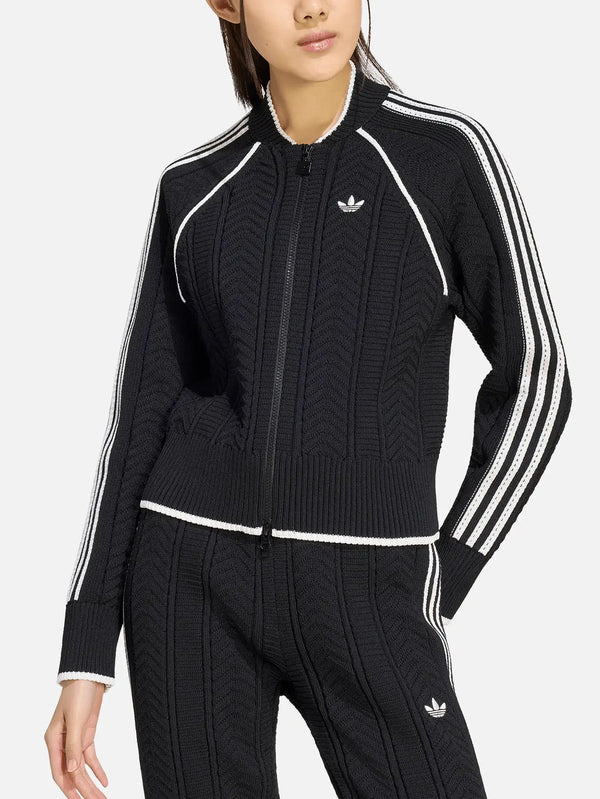 ADIDAS ORIGINALS SST Track Top – Black, ön görünüm, örgü dokulu kumaş ve beyaz çizgili detaylar