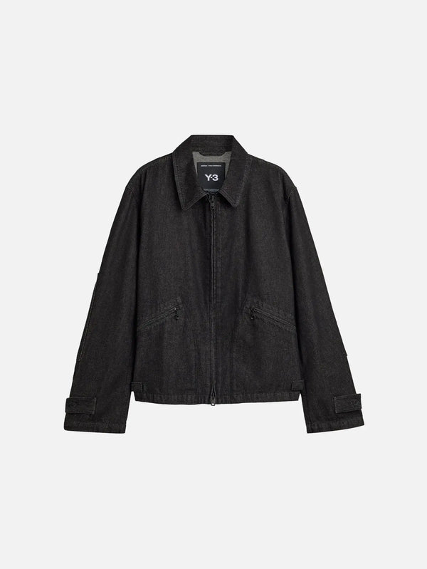 Y-3 Denim Jacket – siyah, önden görünüm, fermuarlı kapanış, yan cepler