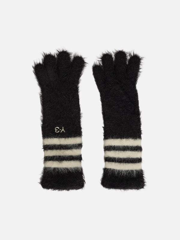 Y-3 3S Gloves - Black/White – önden görünüm, tüylü siyah eldivenler, krem şeritli manşet