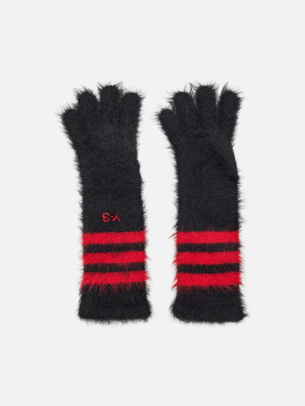 Y-3 3S Gloves - Black/Scarlet – ön görünüm, tüylü örgü, kırmızı-siyah manşetler