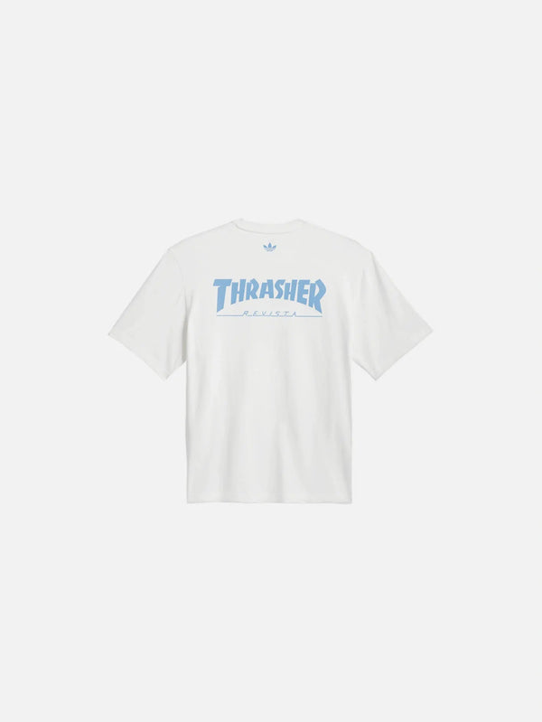 ADIDAS ORIGINALS Thrasher x AFA Argentina Tee 2 - Core White – arka görünüm, mavi baskılı yazı