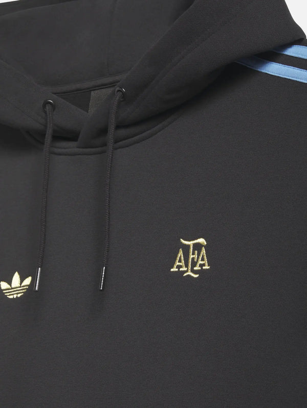 ADIDAS ORIGINALS Thrasher x AFA Argentina Hoodie – siyah, önden görünüm; kapşon ve bağcıklar, altın AFA ve Adidas logoları