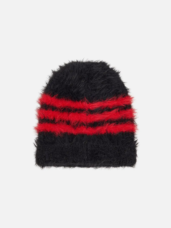 Y-3 3S Beanie – Black/Scarlet, ön görünüm, kabarık tüylü örgü