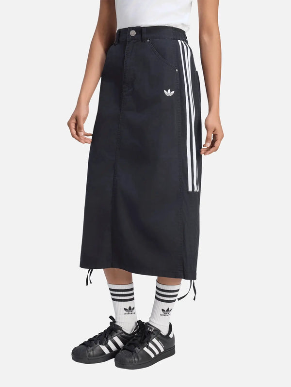 ADIDAS ORIGINALS Parachute Skirt – Black, yan görünüm, beyaz üç çizgi ve trefoil logosu