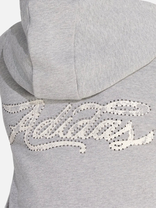 ADIDAS ORIGINALS GFX Zip Top – Medium Grey Heather, kapüşonlu arka görünüm, taşlı yazı detayı