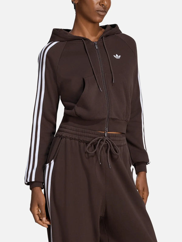 Adidas Originals GFX Zip Top – Aurora Coffee, önden görünüm, kapüşonlu, fermuarlı, beyaz üç çizgi