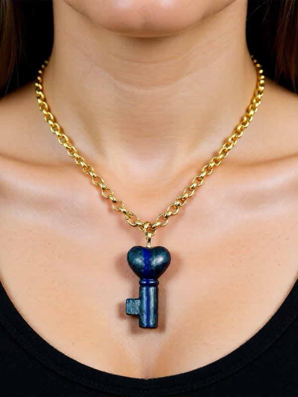 NES VINTAGE, Vintage Gold Plated Rolo Chain Necklace With Natural Lapis Lazuli Gemstone Pendant, KOLYE, shopi go'da!