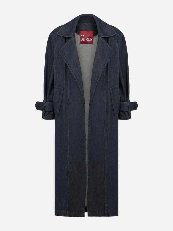 EX DE RUE Loom Female Trenchcoat – indigo denim, önden görünüm