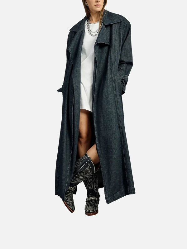 EX DE RUE Loom Female Trenchcoat – lacivert, model üzerinde önden görünüm